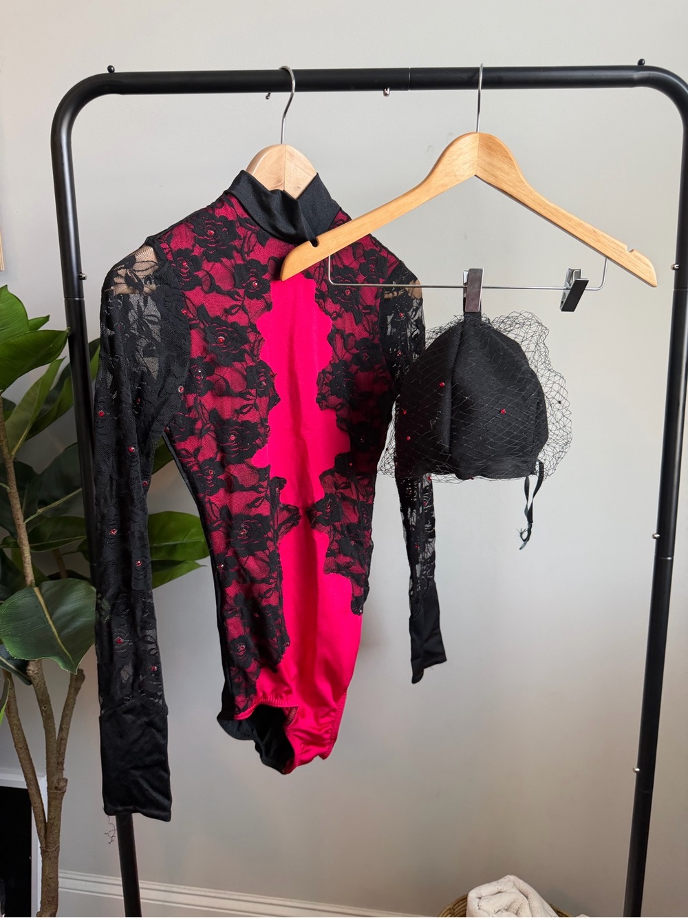Black Lace Trim Bodysuit with Sheer Net Detail
